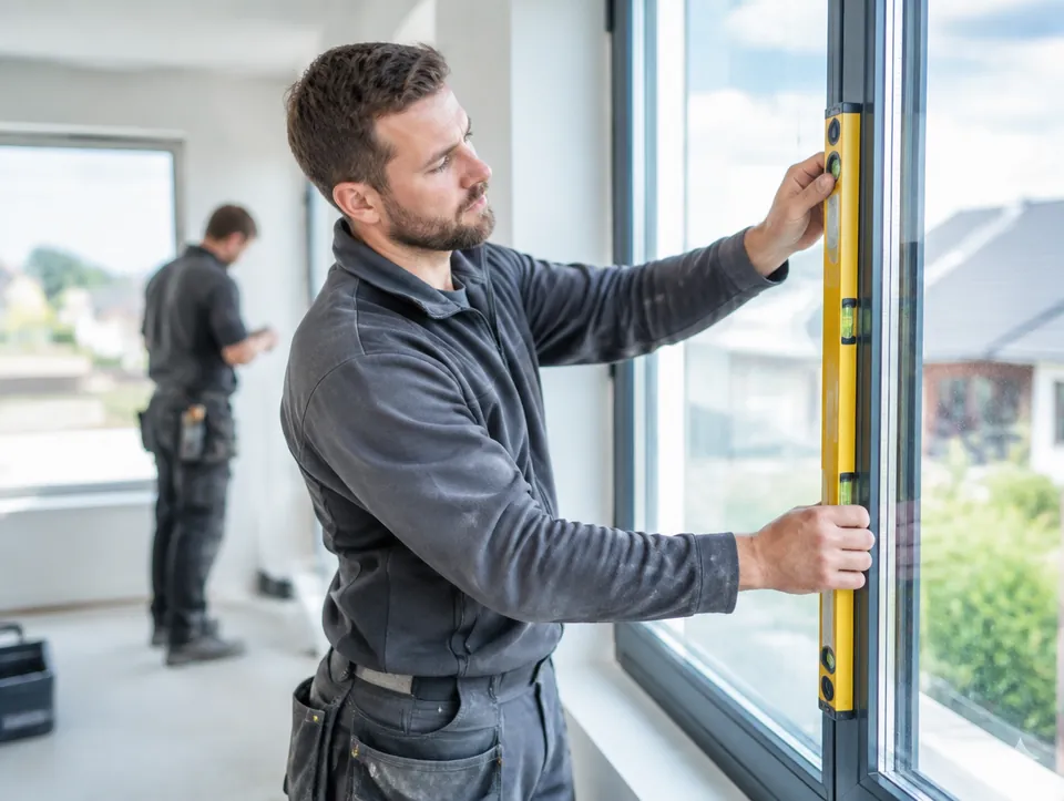 Monteur setzt ein neues Fenster in einem Neubau ein