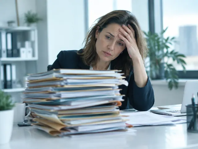 HR-Managerin hinter einem Stapel unpassender Bewerbungsmappen